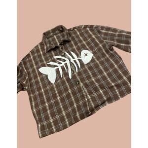 Medium Upcycled Fish Skeleton Flannel Shirt | Boho Maximalist Reworked Grunge